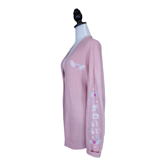 Hot Topic Pink & White Kawaii Wings Embroidered Long Sleeve Cardigan Size XL - Picture 3 of 9